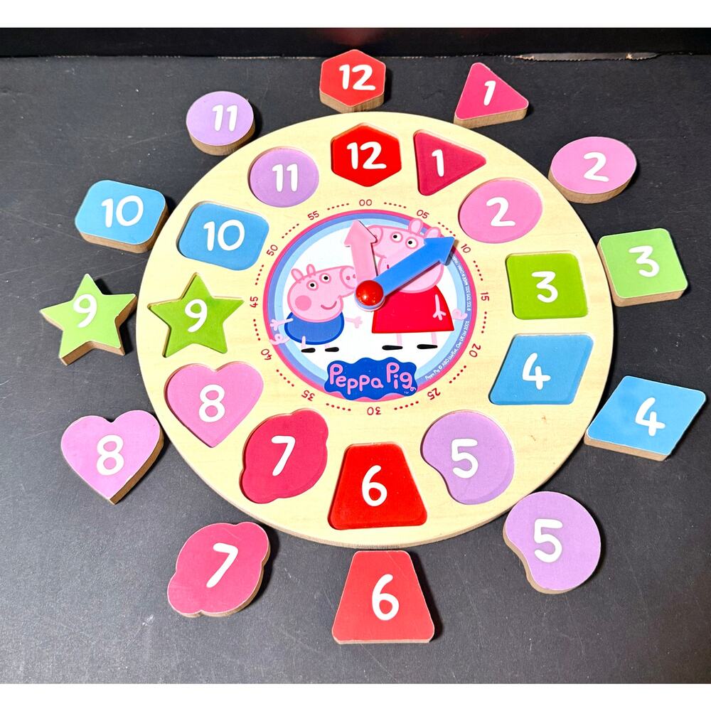 Peppa Pig Shape Sorter Clock Time Telling Puzzle Practice 8 1/2" Wood